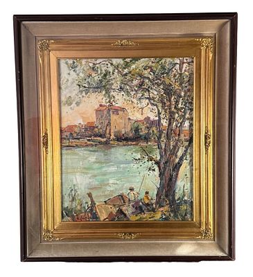 NICOLA CANZANELLA - Landscape with river and fishermen - NICOLA CANZANELLA. Oil painting on canvas 
