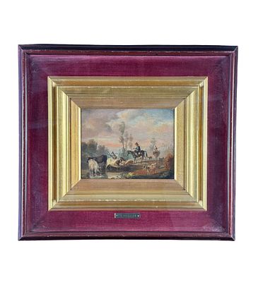 Landscape with figures and livestock. Oil painting on canvas, 20th century, Italian school 