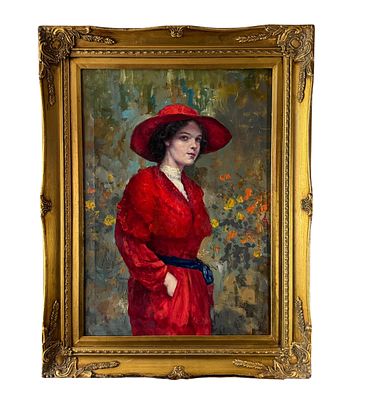 ANONIMO - Portrait of an Elegant Woman in a Red Dress. Oil painting on canvas, 20th century period 