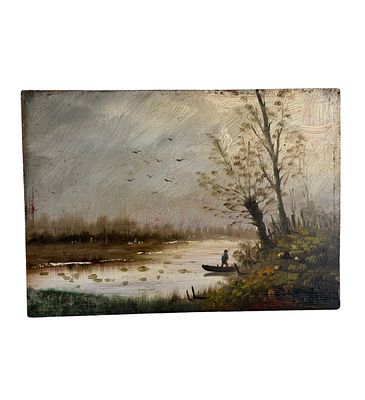 UNIDENTIFIED SIGNATURE - Landscape with a Lake. Oil painting on panel, 19th century, Italian school 