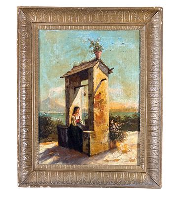 SCUOLA NAPOLETANA - Young Girl at the Well. Oil painting on canvas, 19th century, Neapolitan school 