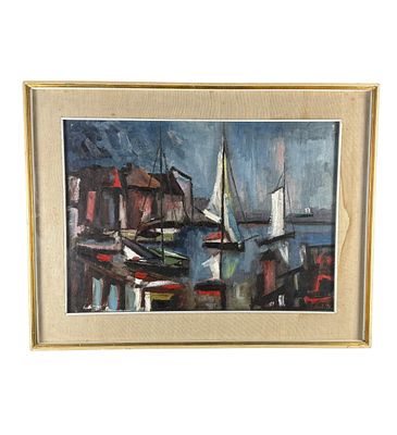 UNIDENTIFIED SIGNATURE - Seascape with boats. Oil painting on canvas, Italian school, 20th century 