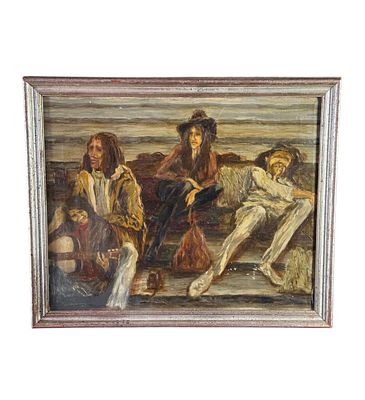 ANONIMO - Street performers. Oil painting on canvas, 20th century, depicting street performers. 