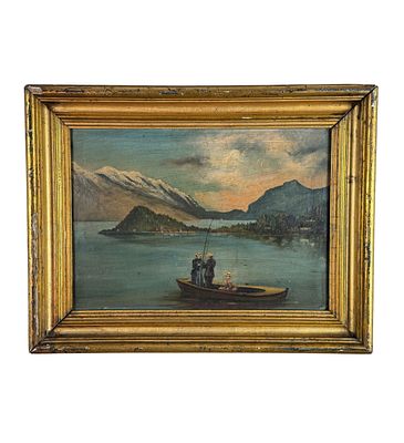 ANONIMO - Mountain landscape with a boat on a lake and figures. Oil painting on cardboard, 20th 