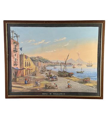 ANONIMO - Naples from Mergellina. Gouache painting (tempera on paper), 20th century, Italian school 