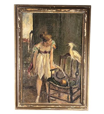 UNIDENTIFIED ARTIST - Woman with a bird. Oil on canvas painting, 20th century, Italian school 
