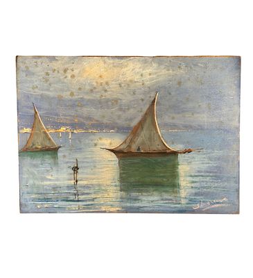 UNIDENTIFIED SIGNATURE - View of the Gulf of Naples with a Sailing Boat. Mixed media painting on 