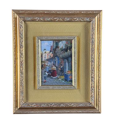 Vassetti - Small lane with figures and a market - Vassetti. Oil painting on panel, 20th century 