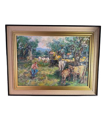 NICOLA CANZANELLA - Rural landscape with a farmer and livestock - NICOLA CANZANELLA. Oil painting 