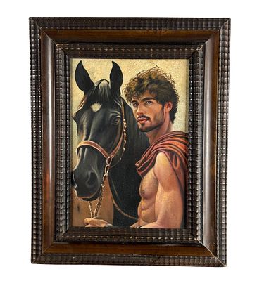 SCUOLA ITALIANA - Portrait of a Man with Horse. Oil painting on cardboard, 20th-century period 