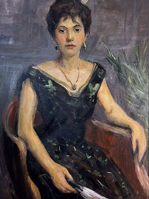 ANONIMO - Ritratto di donna con ventaglio. Dipinto olio su tela, periodo XX secolo, scuola Italiana 
