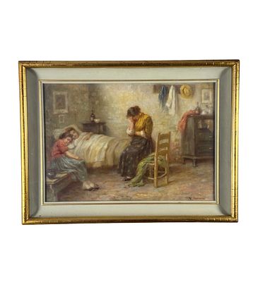 UNIDENTIFIED SIGNATURE - Scena familiare in un interno. Dipinto olio su tavola, periodo XX secolo 