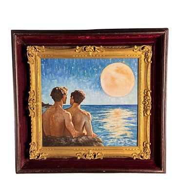 ANONIMO - Due figure maschili a torso nudo su marina all'alba. Dipinto olio su pannello, periodo XX 