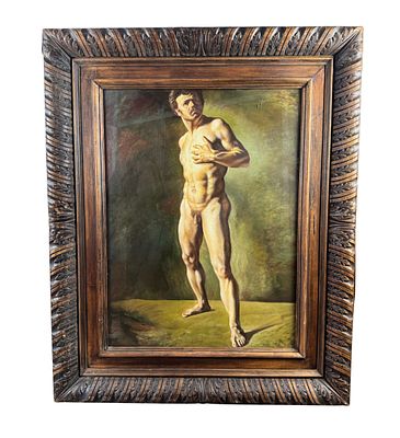 ANONIMO - Nudo maschile. Dipinto olio su pannello, artista accademico, periodo prima met&agrave; 