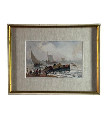 DI MARINO - Scorcio marino con pescatori e personaggi - Di Marino. Dipinto olio su tavola, periodo 