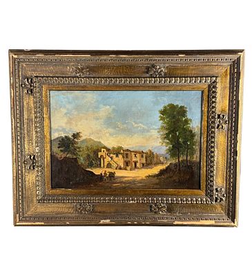 ANONIMO - Paesaggio con vecchio casolare e personaggi. Dipinto olio su tela, periodo XIX secolo 