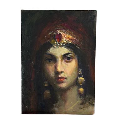 ANONIMO - Volto di donna orientale. Dipinto olio su tavola, periodo XX secolo, scuola Italiana 