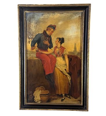 ANONIMO - Scena galante tra un uomo in uniforme e una donna in abito popolano. Dipinto olio su tela 