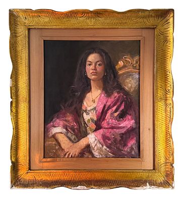 ANONIMO - Ritratto di donna seduta su poltrona. Dipinto olio su tela, periodo XX secolo, scuola 