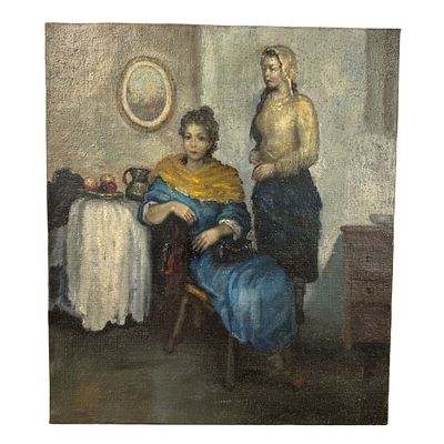 ANONIMO - Due donne in un interno. Dipinto olio su tela, periodo XX secolo scuola Italiana 