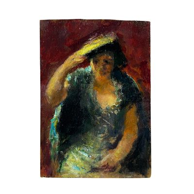 ANONIMO - Donna con cappello nella maniera impressionista. Dipinto olio su pannello, periodo XX 