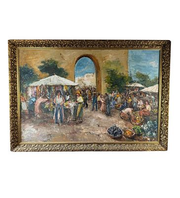 ANONIMO - Scena di mercatino. Dipinto olio su tela periodo XX secolo scuola Italiana, raffigurante 