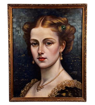 ANONIMO - Ritratto di donna elegante. Dipinto olio su tela applicata su pannello, periodo XX secolo 