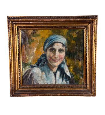 ANONIMO - Ritratto di donna con copricapo. Dipinto olio su tela, periodo prima met&agrave; del XX 