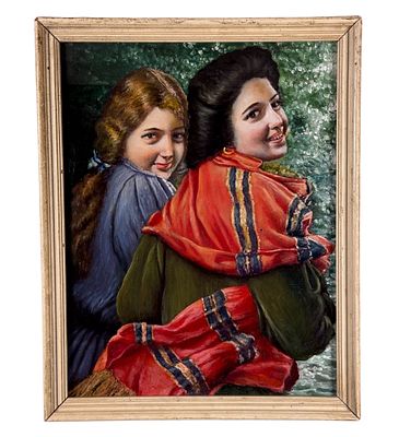 ANONIMO - Ritratto di due donne. Dipinto olio su cartoncino, periodo XX secolo scuola Italiana 