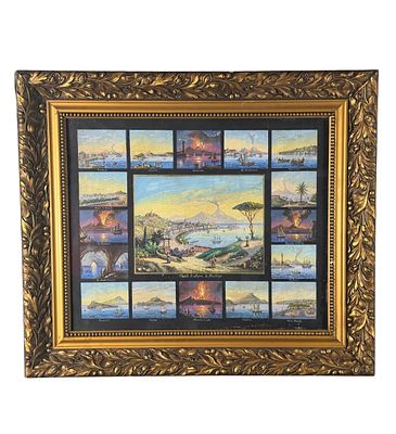 ANONIMO - 17 miniature raggruppate su un unico foglio di varie scene di luoghi napoletani. Dipinto 