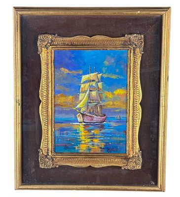 UNIDENTIFIED ARTIST - Scorcio di marina con barca al tramonto. Dipinto olio su cartoncino, periodo 
