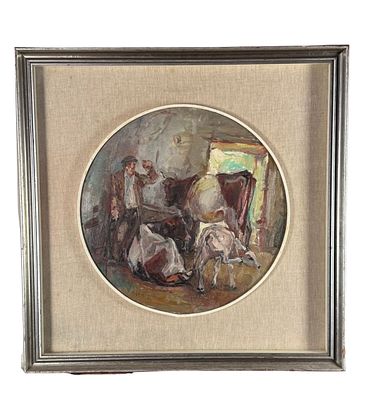 NICOLA CANZANELLA - Interno di stalla con bestiame e contadino - NICOLA CANZANELLA. Dipinto olio su 