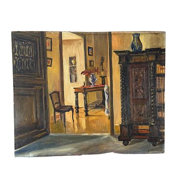 UNIDENTIFIED SIGNATURE - Interno di dimora. Dipinto olio su tavola, periodo XX secolo, scuola 