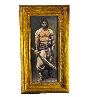 ANONIMO - Personaggio maschile con sciabola. Dipinto olio su tavola, periodo XX secolo, scuola 