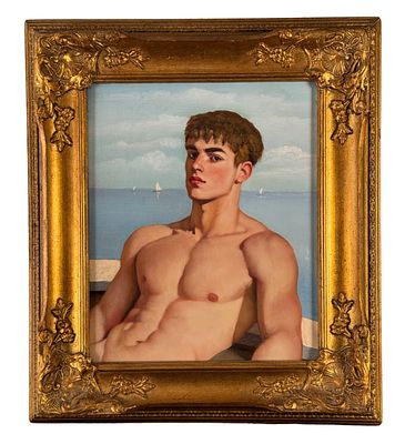 ANONIMO - Ritratto di giovane a torso nudo su marina. Dipinto olio su pannello, periodo XX secolo 