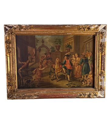 ANONIMO - "La Parabola del figliol prodigo". Dipinto olio su tela, periodo fine XVIII secolo 
