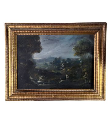 ANONIMO - Paesaggio con personaggi. Dipinto olio su tavola, periodo XX secolo, scuola Italiana 