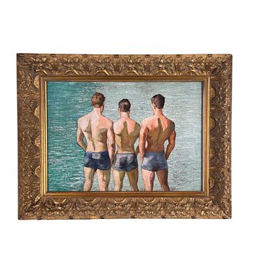 ANONIMO - Tre personaggi maschili su marina, ritratti di spalle. Dipinto olio su pannello, periodo 