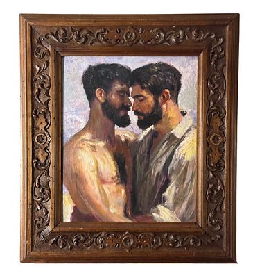 ANONIMO - Due personaggi maschili. Dipinto olio su pannello, periodo XX secolo, scuola Italiana 
