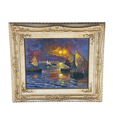SCUOLA ITALIANA - Marina con barche al tramonto. Dipinto olio su pannello, periodo XX secolo scuola 