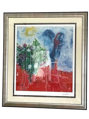 LARGE MARC CHAGALL LOVERS OVER RED PRINT 52". LARGE MARC CHAGALL (AFTER) LIMITED EDITION PRINT 