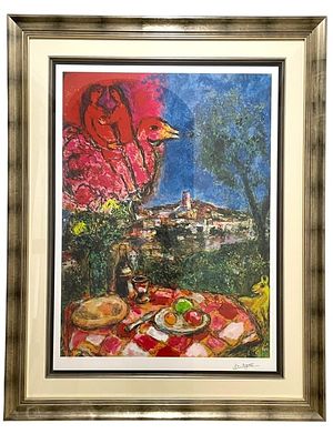 LARGE MARC CHAGALL LOVERS OVER CITY 59". LARGE MARC CHAGALL (AFTER) LIMITED EDITION PRINT SIGNED 