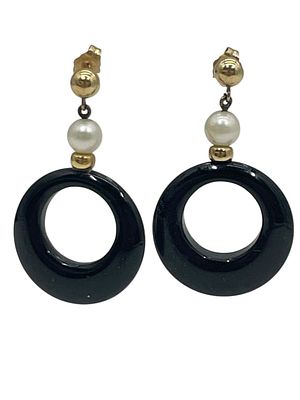 14K GOLD PEARL ONYX DANGLE HOOP EARRINGS 1.5" 5G. *For ALTERNATIVE SHIPPING QUOTES or local 