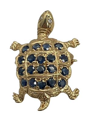 14K YLW GOLD SAPPHIRE DIAMONDS TINY TURTLE PIN 2G. *For ALTERNATIVE SHIPPING QUOTES or local 