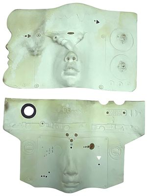 LITTLEFIELD CERAMIC FACE WALL SCULPTURES 9". -ALLEN K. LITTLEFIELD ABSTRACT MODERNIST CERAMIC 