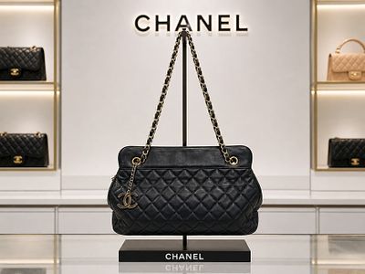 VINTAGE CHANEL QUILTED LEATHER NAVY PURSE BAG 14". Vintage Chanel quilted leather shoulder bag 