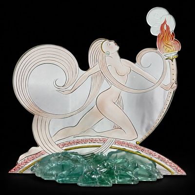 ERTE ART GLASS FIGURAL ART DECO SCULPTURE 21". Striking Erte Art Deco style figural mirror 