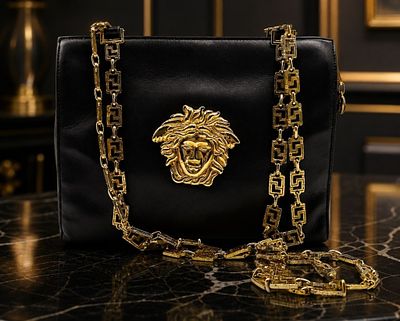 VERSACE BLACK LEATHER MEDUSA SHOULDER BAG 11". Vintage Gianni Versace black leather shoulder bag 
