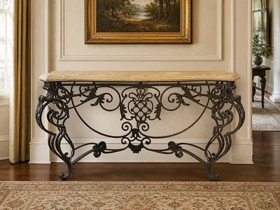 ORNATE WROUGHT IRON STONE TOP CONSOLE TABLE 50". Elegant traditional console table featuring a 