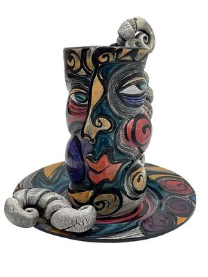 ARTIST SIGNED PAINTED CUBISM FACE POTTERY VESSEL. Hand-painted art pottery vessel featuring a 